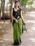 Olive green and black linen Kalamkari printed saree with unstitched blouse piece, 5.5 meters length