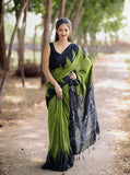 Olive green and black linen Kalamkari printed saree with unstitched blouse piece, 5.5 meters length