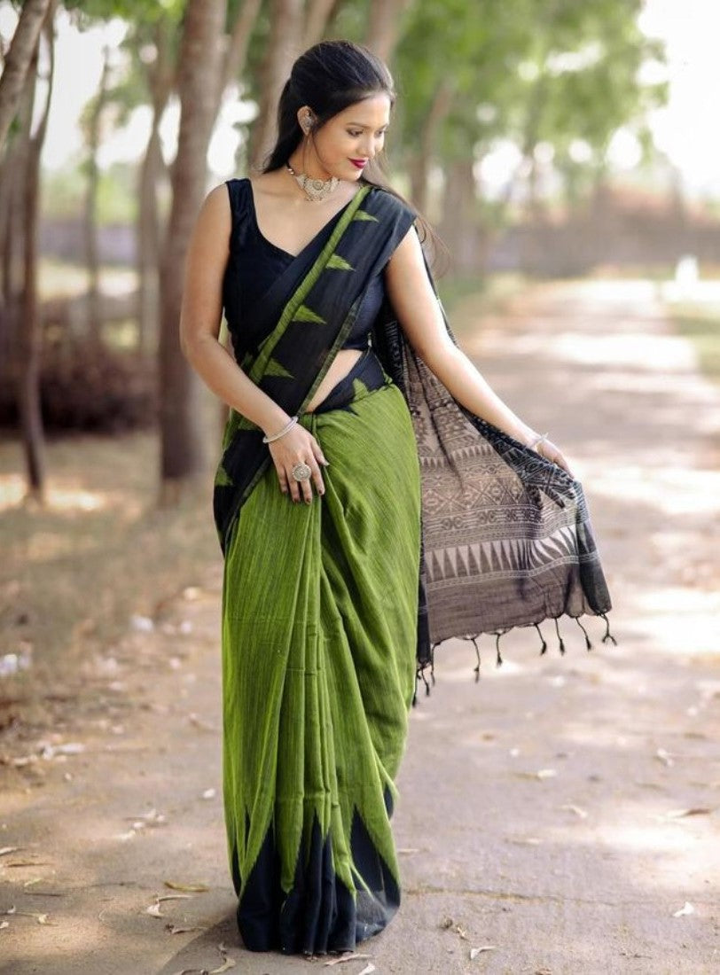 Olive green and black linen Kalamkari printed saree with unstitched blouse piece, 5.5 meters length