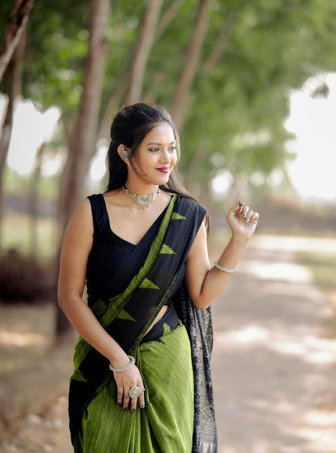 Olive green and black linen Kalamkari printed saree with unstitched blouse piece, 5.5 meters length