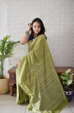 Green linen printed saree with unstitched blouse piece, 5.5 meters length, traditional Indian wear