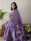 Purple linen printed saree with unstitched blouse piece, 5.5 meters length, traditional Indian wear