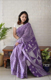 Purple linen printed saree with unstitched blouse piece, 5.5 meters length, traditional Indian wear