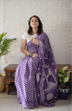 Purple linen printed saree with unstitched blouse piece, 5.5 meters length, traditional Indian wear