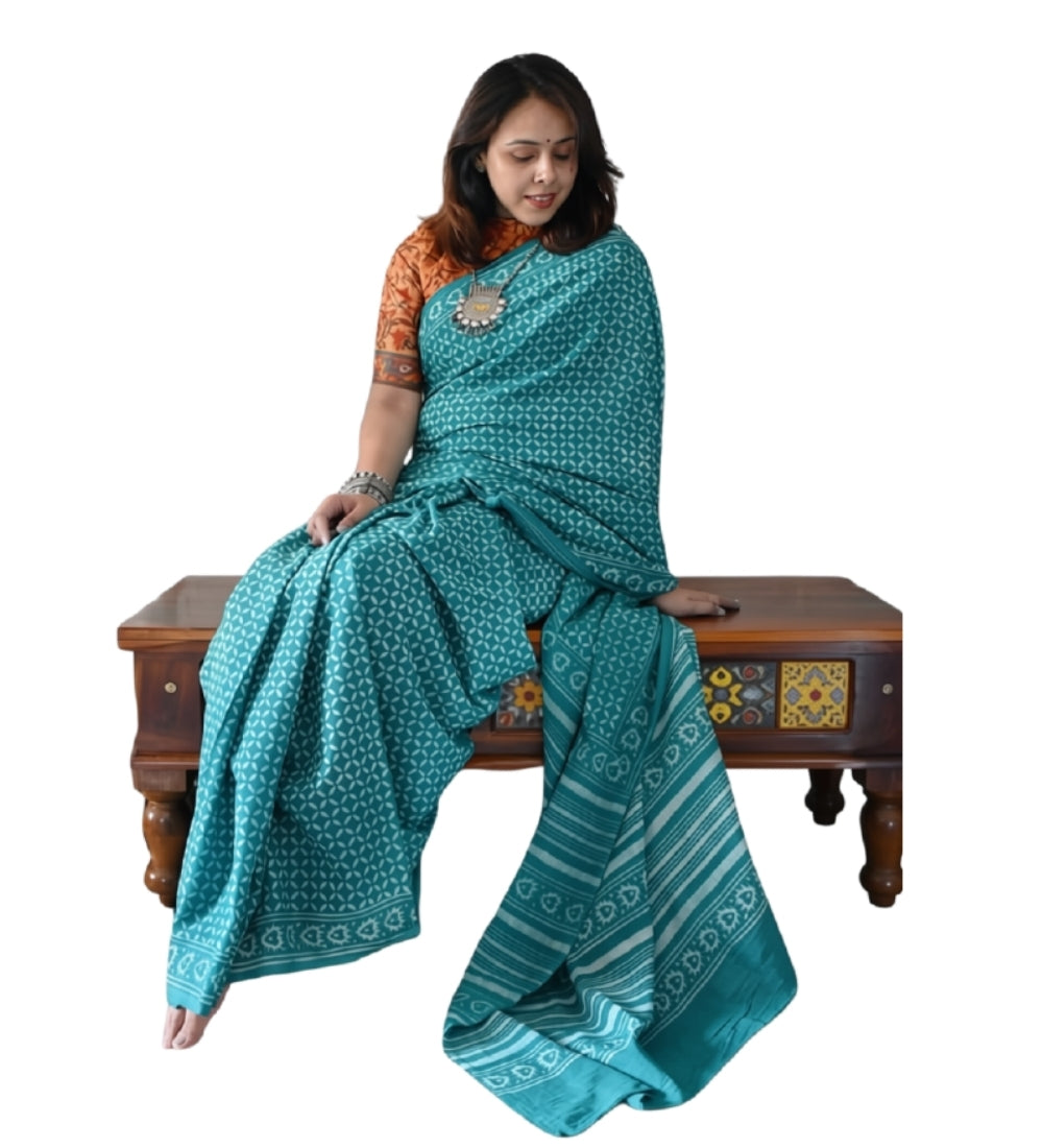Teal linen printed saree with unstitched blouse piece, 5.5 meters length, traditional Indian wear