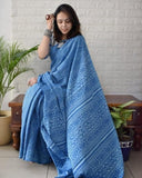 Royal blue linen printed saree with unstitched blouse piece, 5.5 meters length