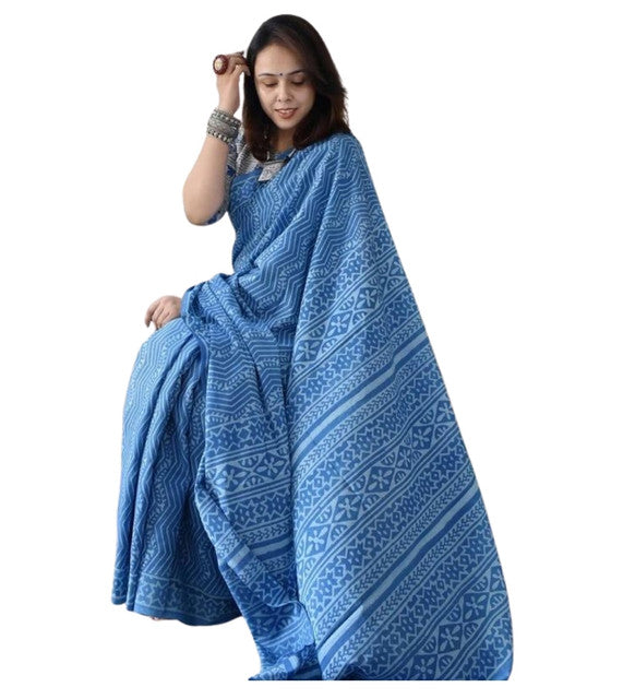 Royal blue linen printed saree with unstitched blouse piece, 5.5 meters length
