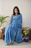 Royal blue linen printed saree with unstitched blouse piece, 5.5 meters length