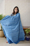 Royal blue linen printed saree with unstitched blouse piece, 5.5 meters length