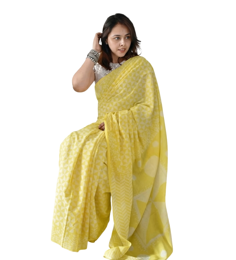 Yellow linen printed saree with unstitched blouse piece, 5.5 meters length, traditional Indian wear