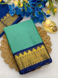 Sea green and royal blue striped cotton silk saree with unstitched blouse piece, 5.5 meters length
