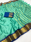 Sea green and royal blue striped cotton silk saree with unstitched blouse piece, 5.5 meters length