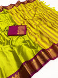 Light green and purple striped cotton silk saree with unstitched blouse piece, 5.5 meters length