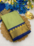 Pista green and blue striped cotton silk saree with unstitched blouse piece, 5.5 meters length