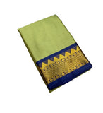 Pista green and blue striped cotton silk saree with unstitched blouse piece, 5.5 meters length