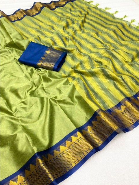Pista green and blue striped cotton silk saree with unstitched blouse piece, 5.5 meters length