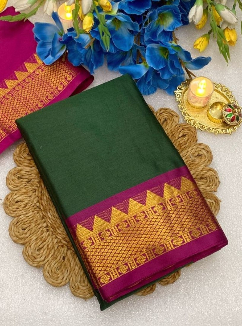 Dark green and magenta striped cotton silk saree with unstitched blouse piece, 5.5 meters length