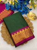 Dark green and magenta striped cotton silk saree with unstitched blouse piece, 5.5 meters length