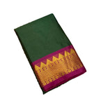 Dark green and magenta striped cotton silk saree with unstitched blouse piece, 5.5 meters length