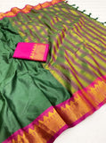 Dark green and magenta striped cotton silk saree with unstitched blouse piece, 5.5 meters length