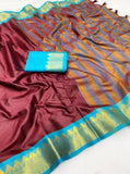 Maroon and turquoise striped cotton silk saree with unstitched blouse piece, 5.5 meters length