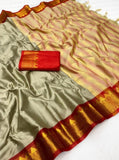 Beige and red striped cotton silk saree with unstitched blouse piece, 5.5 meters length