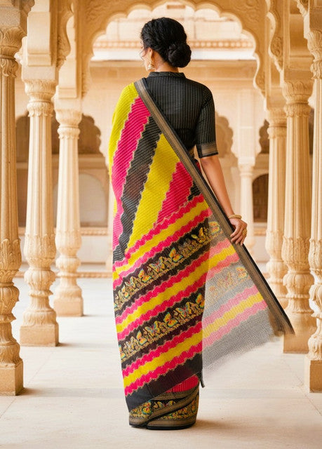 Multicolor silk Kalamkari printed saree with unstitched blouse piece, 5.5 meters length