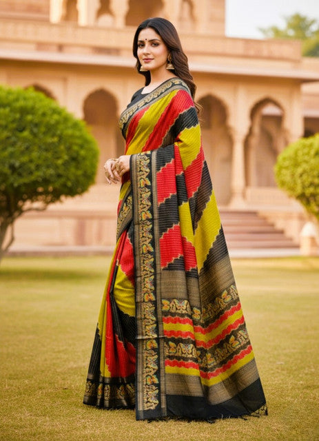 Multicolor silk Kalamkari printed saree with unstitched blouse piece, 5.5 meters length