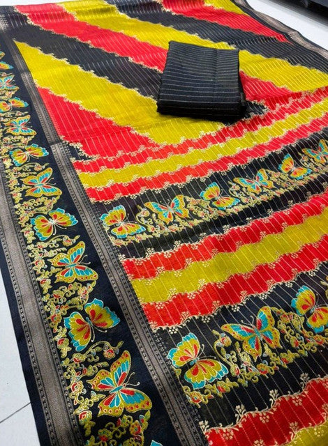 Multicolor silk Kalamkari printed saree with unstitched blouse piece, 5.5 meters length