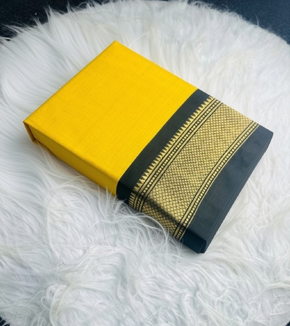 Yellow and black solid cotton silk saree with unstitched blouse piece, 5.5 meters length