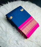Navy blue and pink solid cotton silk saree with unstitched blouse piece, 5.5 meters length