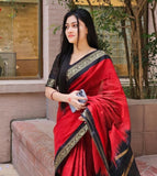 Red and black striped linen saree with unstitched blouse piece, 5.5 meters length