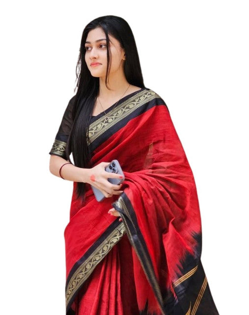 Red and black striped linen saree with unstitched blouse piece, 5.5 meters length