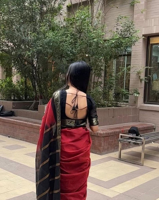 Red and black striped linen saree with unstitched blouse piece, 5.5 meters length