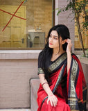 Red and black striped linen saree with unstitched blouse piece, 5.5 meters length