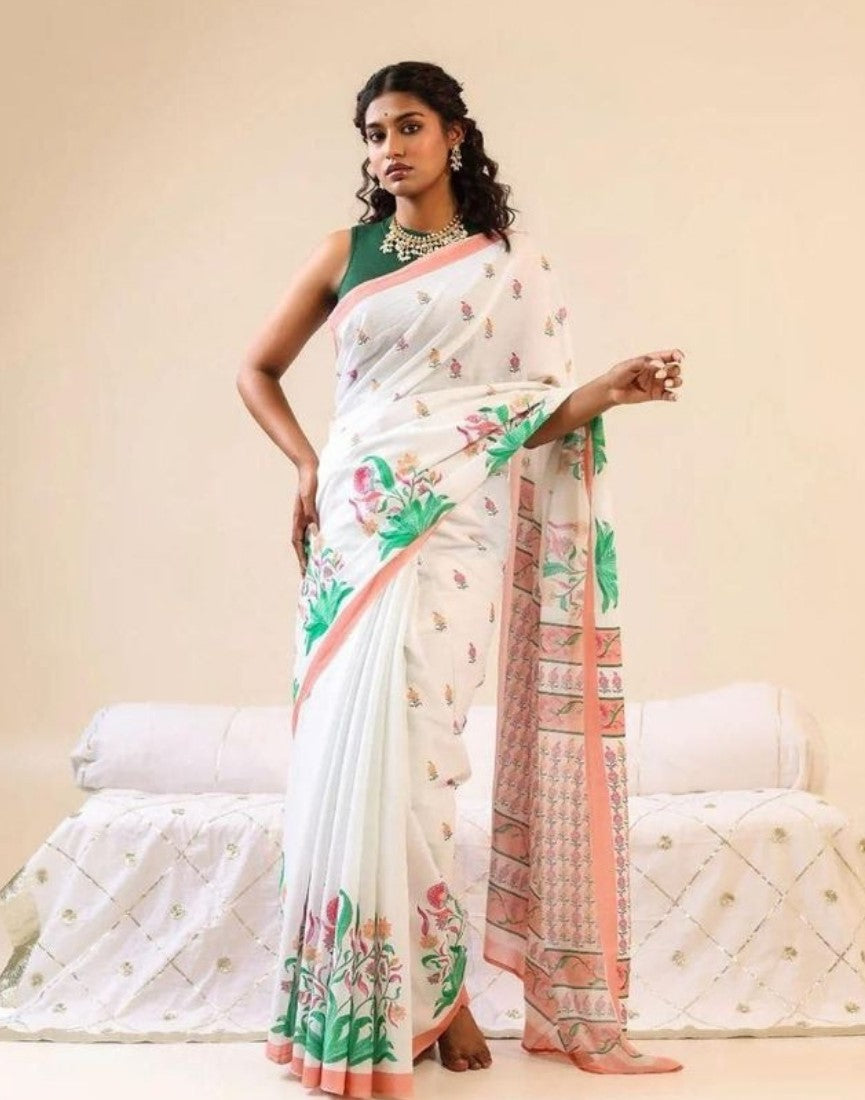 White linen floral printed saree with unstitched blouse piece, 5.5 meters length
