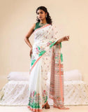 White linen floral printed saree with unstitched blouse piece, 5.5 meters length