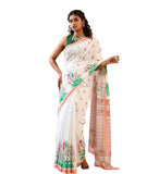 White linen floral printed saree with unstitched blouse piece, 5.5 meters length