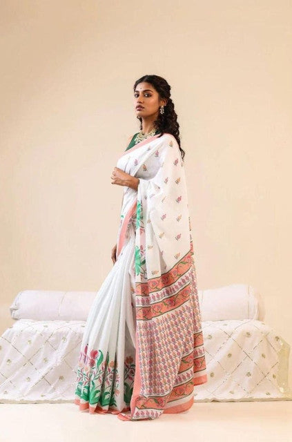 White linen floral printed saree with unstitched blouse piece, 5.5 meters length