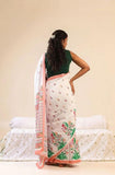 White linen floral printed saree with unstitched blouse piece, 5.5 meters length