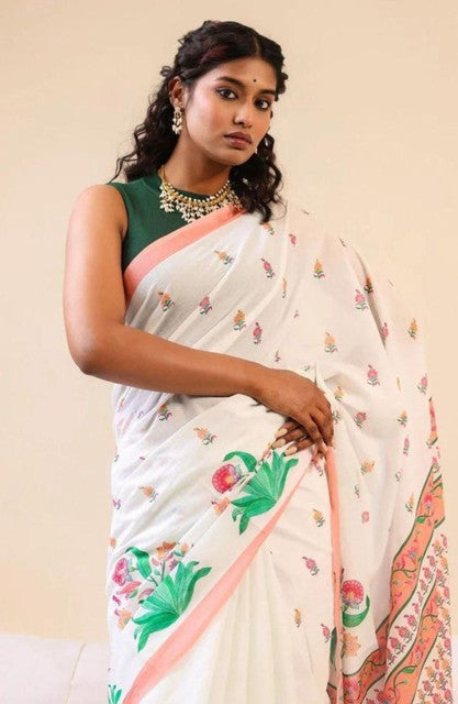 White linen floral printed saree with unstitched blouse piece, 5.5 meters length
