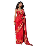 Red linen floral printed saree with unstitched blouse piece, 5.5 meters length
