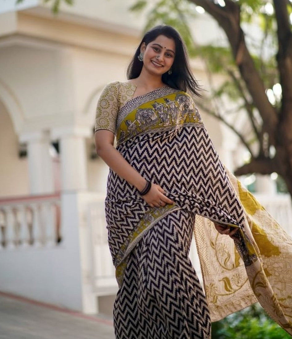 Purple linen Kalamkari printed saree with unstitched blouse piece, 5.5 meters length