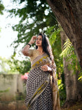 Purple linen Kalamkari printed saree with unstitched blouse piece, 5.5 meters length