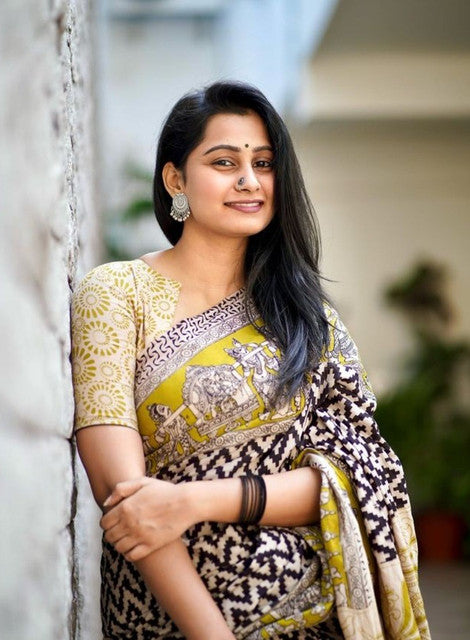 Purple linen Kalamkari printed saree with unstitched blouse piece, 5.5 meters length