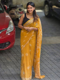 Yellow linen printed saree with unstitched blouse piece, 5.5 meters length, traditional Indian wear
