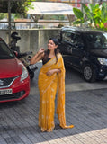 Yellow linen printed saree with unstitched blouse piece, 5.5 meters length, traditional Indian wear