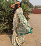 Off white linen printed saree with unstitched blouse piece, 5.5 meters length