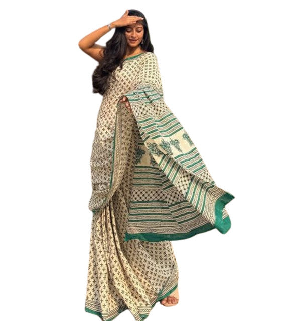Off white linen printed saree with unstitched blouse piece, 5.5 meters length