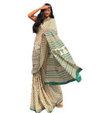 Off white linen printed saree with unstitched blouse piece, 5.5 meters length